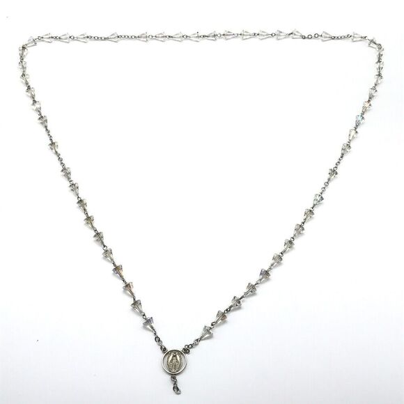 AFCO Vintage 925 Sterling Silver AB Crystal Religious Rosary Beads Necklace - Picture 2 of 6